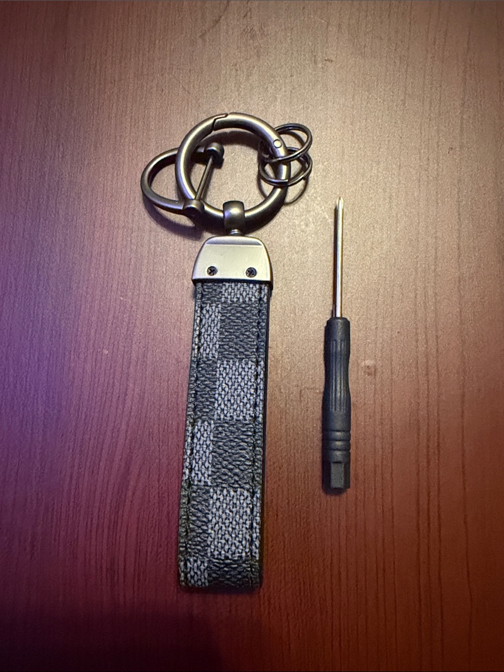Men's Black Checkered Leather Key Fob with Metal Rings